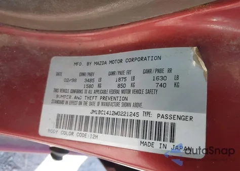 1998 Mazda Protege Dx/Lx z USA, uszkodzony, nr VIN JM1BC1412W0221245